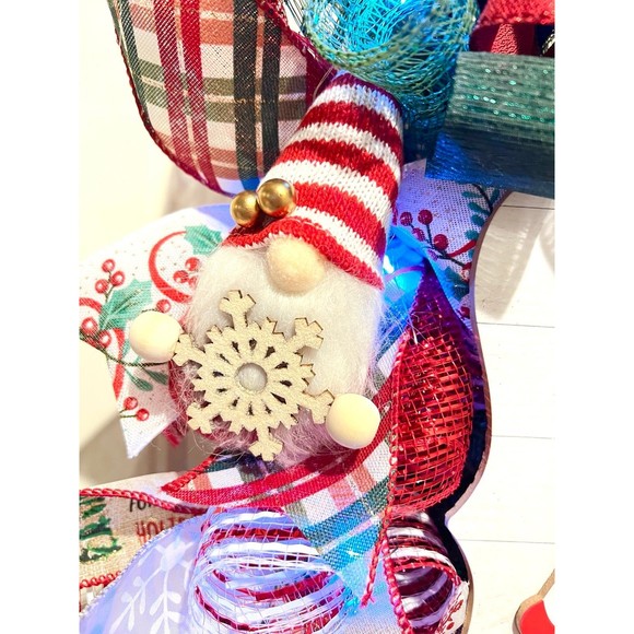 Handmade Christmas Gnome for the Holidays Ribbon Door Wreath 22 ins LED W36 - Picture 6 of 12